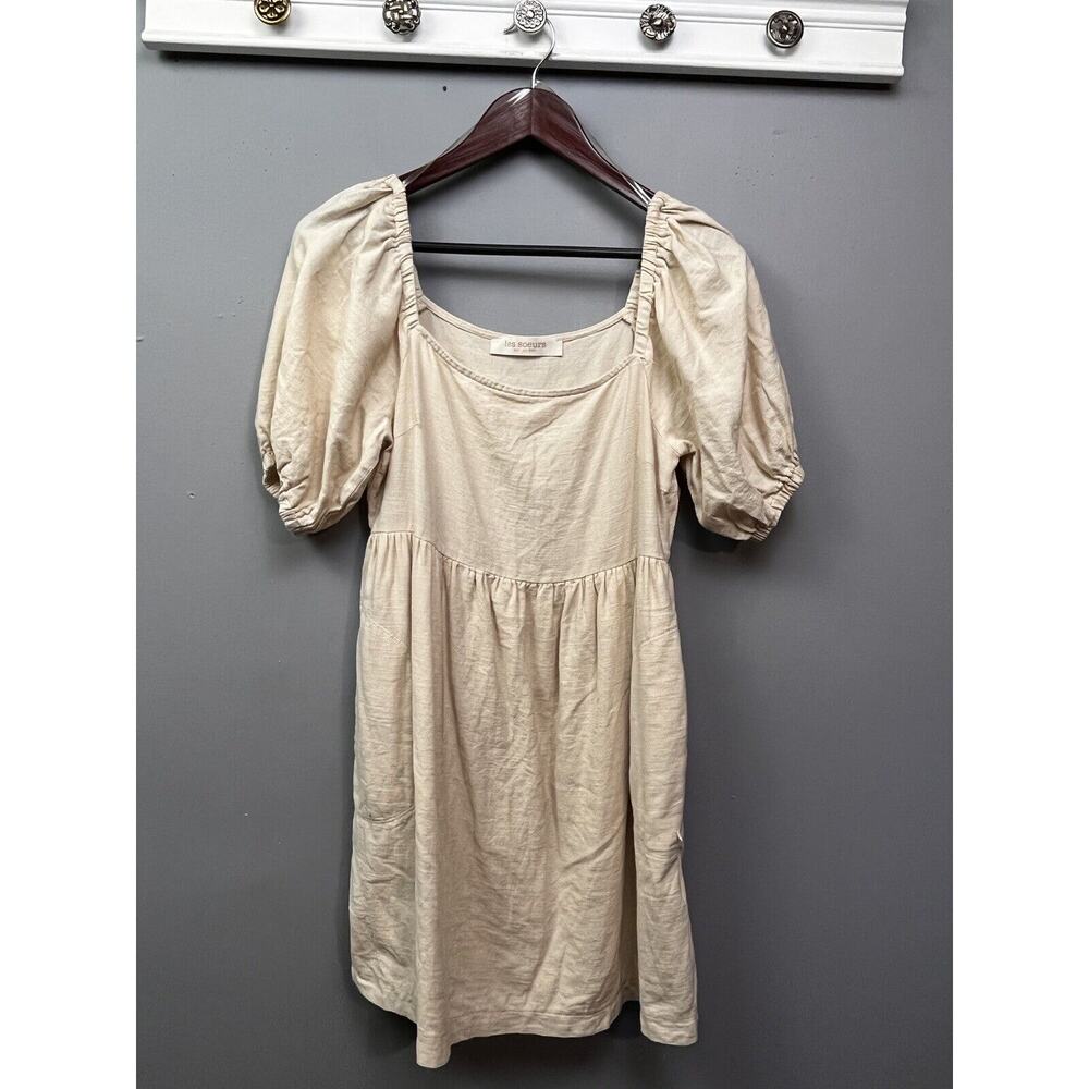 Les Soeurs mini Dress Womens Medium‎ Cream Puff sleeves Pockets Boho Festival